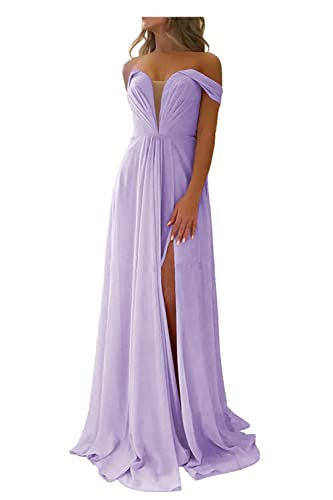 N/ C Fuera del hombro largo vestidos de dama de honor con hendidura gasa una línea plisada vestidos de baile con bolsillos C012, Lila, 22 Más