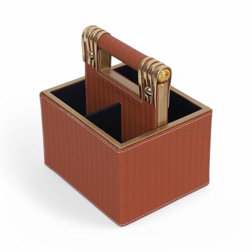 Image of HOME 360 Woven Pattern Leather Spoon Stand | Cutlery Stand with 4 Divider 18X16X13 CM | Use for Dining table| Organize Spoons | Forks | Cutlery | Home Decor | Spoons Holder | Cutlery Holder | Tan