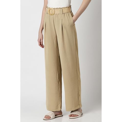 Image of Van Heusen Women's Regular Fit Mid Rise Belted Casual Wide Leg Pants