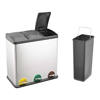 EVRE 60 L Kitchen Waste Rubbish Recycling Bin 3 x 20 Litre Triple Compartment Separation with Removable Plastic Buckets, Odour Seal, Smudge & Fingerprint Resistant (Silver)