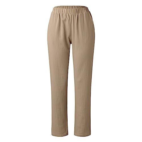 Pantalon en lin femme à jambe large et taille élastique décontracté avec poches