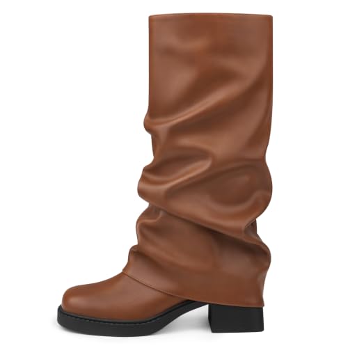 Image of Buckle Chunky Heel Knee High Boots Fall Winter Commute | Chunky Heel Boots,Knee High Boots,Sqaure Toe Boots