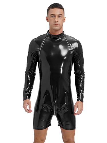 CHICTRY Herren Wetlook Body Einteiler Leder Latex Unterwäsche Männer Overall Mit Bein Langarm Bodysuit Slim Fit Kurz Hose Mit Reißverschluss...
