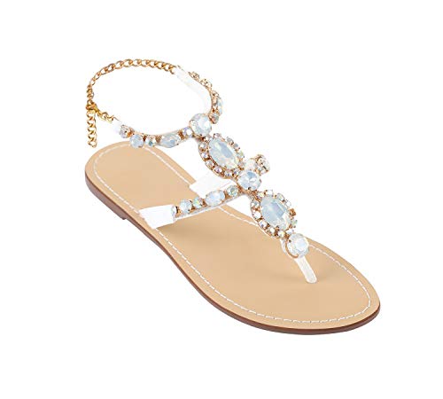 Image of ZhuLinFeng Women'S Rhinestone Gladiator Sandals Flat Wedding Sandals Gem Pearl Sparkling Bridal Bridesmaid Sandals Blue Bohemian Sandals