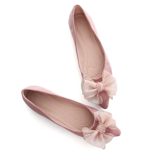 Image of SAILING LU Womens Bowknot Ballet Flats Pointy Toe Suede