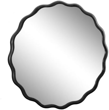 Solid Wood Wavy Mirror-Black Vanity Mirror Wall Decor 36" x 36" Modern Mirror Wall Decor for Bathroom, Bedroom, Living Room, Dining Room, Cloakroom, Entryway