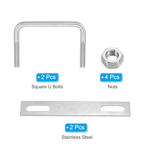 Image of PATIKIL M10x90x70mm Square U-Bolts Kit, 2Set 304 Stainless Steel Square U Shaped Bolts Replacement Parts with Frame Plates and Nuts for Ski Board Sailboat Trailer