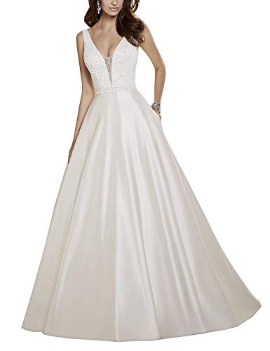 HUINI Brautkleider Prinzessin Lang Rückenfrei Damen V-Ausschnitt Satin...