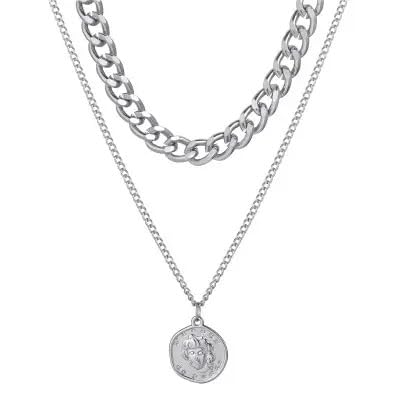 Layered Silver Coin Pendant Chain Necklace-image-38