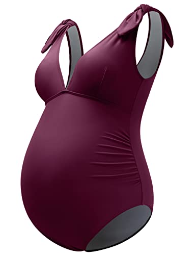 GINKANA Schwangerschafts-Badeanzug, einteilig, mit Schulterbindung, Bademode, V-Ausschnitt, Badeanzug, Monokini, Bademode, Burgunder, Medium Cover