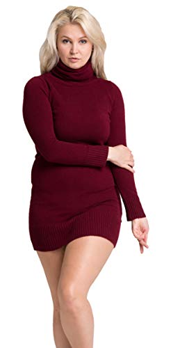 cashmere 4 U Women 100% Cashmere Turtleneck Sweater Dress - Pullover Style (L, Lie De Vin(Wine))