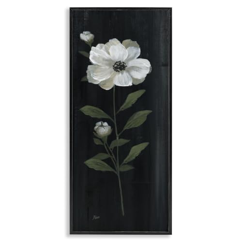 Stupell Industries Single White Flower Sprig Stark Rustic Background Framed Wall Art, Design by Nan, 10 x 24, Black Framed