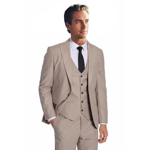 Men Suit Set 3 Pieces Formal Slim Fit Blazer Vest Pants Peak Lapel Solid Color Wedding Groomsmen Outfit4