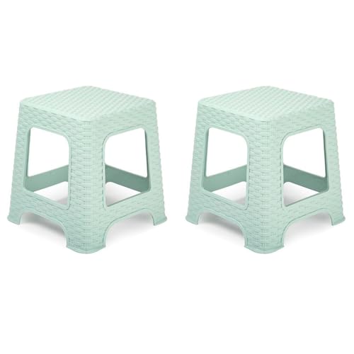 AC - Pack de 2 taburetes Rattan de plástico - Imitación de Mimbre - Banqueta Multiusos, Cocina, salón - Fabricado en España (Verde Pastel - 33 x 32,5 x 32,5 cm)