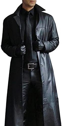 Mens Leather Trench Coat Full Length Black Classic Faux Leather Long Coat