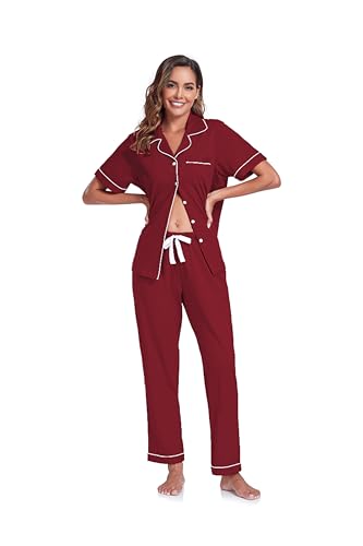 Image of COLORFULLEAF Women's 100% Cotton Pajamas Set Button Down Sleepwear Short Sleeve Shirt and Long Pants Soft Ladies Lounge Sets