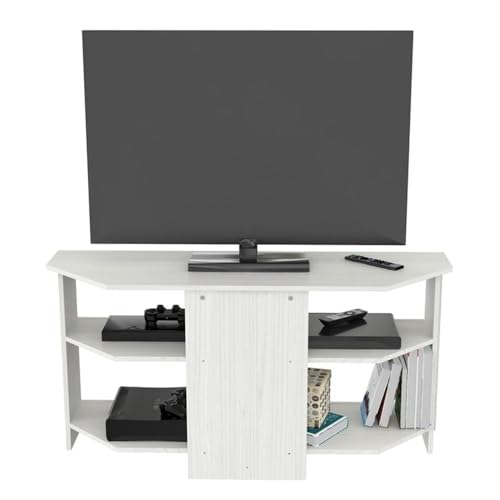 Inval MTV-16919 Corner TV Stand for Flat Screen TVs Up to 60\", Wood Entertainment Center with 4 Open Storage Shelves, Washed Oak