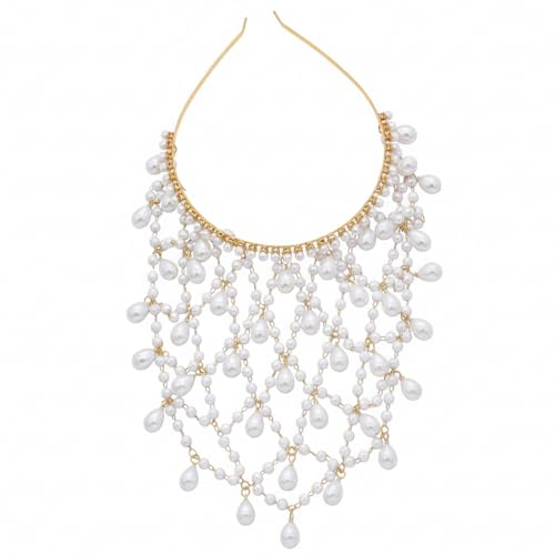 Tocado de perlas dorado años 20 y cadena de pelo Art Deco con diamantes para mujer