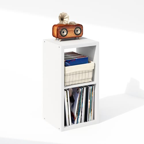 Image of Furinno Cubicle Record Player Stand, 2-Cube Vinyl Record Storage, White | Vinyl Storage, 1.2 inchInch Extra Thick, Open Back Media Shelf for CD DVD Bluray Game Disc, for Living Room, Home Office