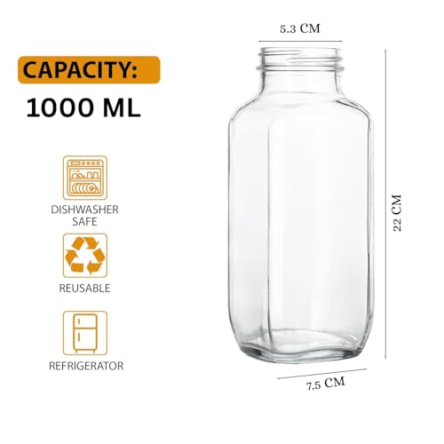 Image of Glassbunny French Square Glass Drinking Bottles 1000 ML Reusable Drink Containers with Leak-Proof Airtight Stainless Steel Lid for Water, Smoothie, Juices Pack of 4