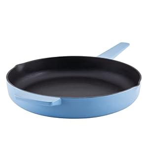 KitchenAid Enameled Cast Iron Frying Pan/Skillet with Helper Handle and Pour Spouts, 12 Inch, Blue Velvet