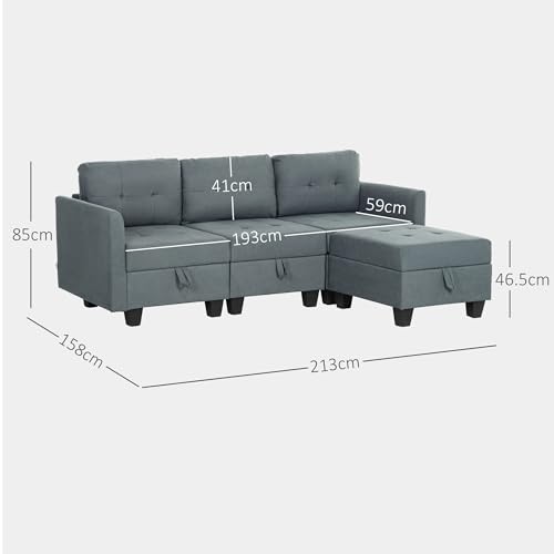 HOMCOM Convertible Modular Sectional Sofa with Storage, Tufted 3 Seater Sofa Set, L Shaped Couch with Ottoman, Wood Frame for Living Room, Dark Grey - Image 3
