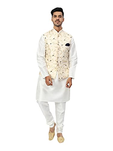 Image of Uri and MacKenzie Men's Silk Blend Regular Kurta Churidar Pyjama with Bundi Nehru Jacket /Waistcoat
