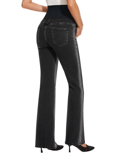 Image of GLAMIX Women's Stretch Maternity Bootcut Jeans with Pockets Over The Belly Bell Bottoms Flare Denim Pants Pregnancy Clothes