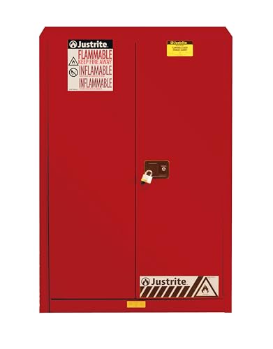 Image of Justrite 60 Gallon Manual Close Paint and Ink Safety Cabinet, 18 Gauge Steel, 5 Shelves, 65 inch x 43 inch x 18 inch, 2 Door Combustibles Cabinet, Red, 894511