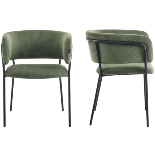 HOMIFAB Lot de 2 fauteuils de Table en Velours côtelé Vert, piètement Noir - Malone