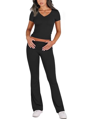 chicyes Lounge Sets for Women 2 Piece Foldover Yoga Flare Leggings Pants Crop Tops Casual Y2K Outfits Matching Tracksuit Set2