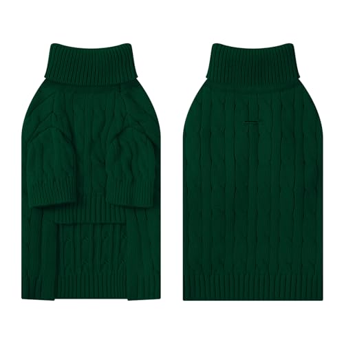 Image of Small Dog Thermal Pullover Sweater, Classic Turtleneck Cable Knitwear Dog Clothes for Cold Weather Warm Pet Clothes for Chihuahua, Bulldog, Dachshund, Pug Green Large