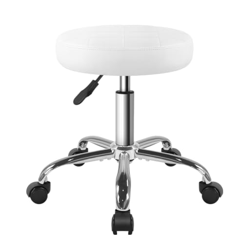 Image of BFTOU White Classic Swivel Stool with Wheel for Salon Work Home SPA Shop Height-Adjustable Rolling Stool Chair Small