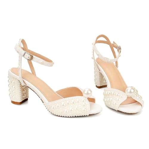 Image of Goolita Pearl Heels For Women Mid Block Ankle Strap Heeled Sandals Round Open Toe Party Evening Bridal Shoes For Wedding
