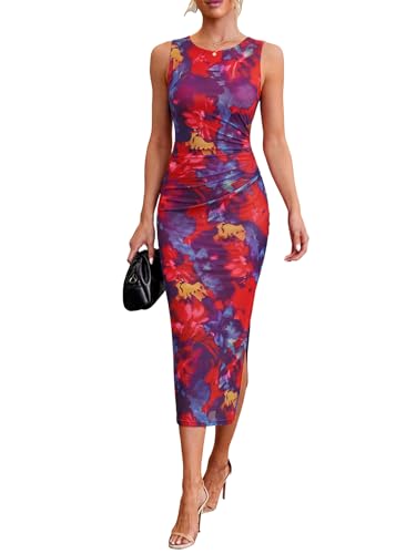 Image of oten Women's Floral Bodycon Midi Dress Ruched Mesh Sleeveless Summer Wedding Guest Cocktail Party Dress with Slit