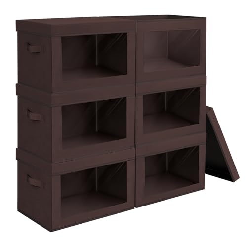 Image of Homsorout Brown Fabric Storage Bins with Lids - 6 Pack Modern Lidded-Home Storage Bins, 14 Inch. - Perfect for Clothes, Books, CD, Office Supplies