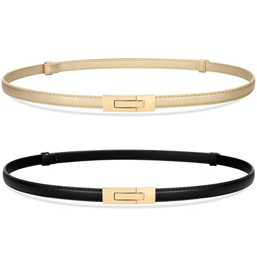 SANSTHS 2 Pack Thin Ladies Waist Belt for Dresses Jeans Pants, Skinny Womens Belt with Antique Gold Buckle