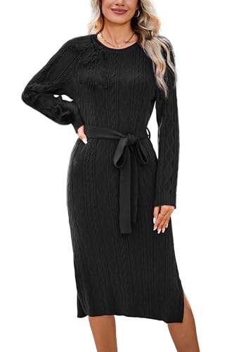 STYLEWORD Strickkleid Damen Langarm Pulloverkleid Schlitz Winterkleid Zopfmuster Midi Herbstkleid mit Gürtel(Schwarz,XXL)