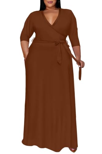 Image of Runwind Plus Size Dress for Women - 3 /4 Sleeve V Neck Maxi Dresses for Women (XL-6XL)