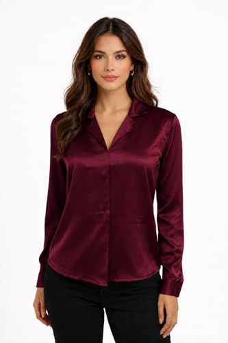 Image of Cuban Collar Cuffed Sleeves Formal Satin Shirt Style Top