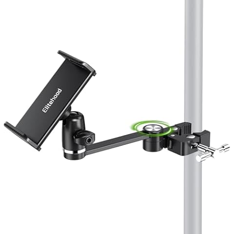 elitehood 8.5in Long Arm iPad Holder for Mic Stand, 360° Adjustable Aluminum Mic Stand Tablet Holder, Microphone Music Stand Mount & 1/4 iPad Tripod Mount for iPad, iPhone, Android 4-13in Tablets Cover