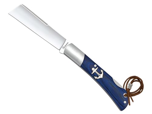 Tiendas LGP- Albainox - Navaja Marinera, Punta Cortada, Acero INOX. Hoja de 8 cm. Plegable Mango de Madera de Stamina Azul, Sistema de bloqueo Back Lock, Hueco con cordón fiador incluido, 18986