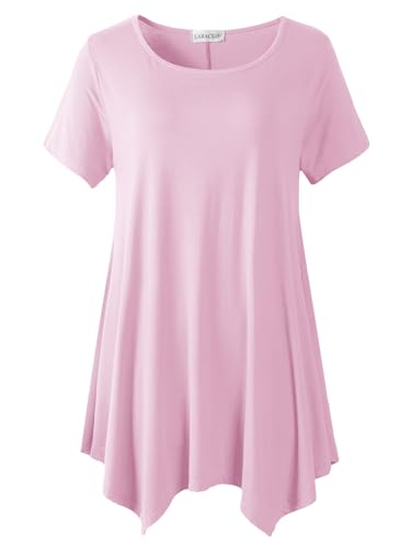 LARACE Short Sleeve Shirts for Womens Plus Size Tops Casual Summer Clothes Asymmetrical Tunic Blouses(Pink 1X)