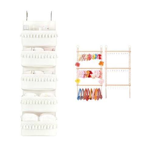 Image of Dahey Over The Door Organizer and Hair Bows Organizer for Girls Headband Holder with 30 Hooks Boho Nursery Decor for Baby Girls Room