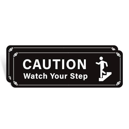 2PCS Caution Watch Your Step Sign, Self-Adhesive Waterproof Vinyl Watch Your Step Sticker, Warning Sign for Home/House, Business, Restaurants and Offices Outdoor or Indoor Use（Black White）