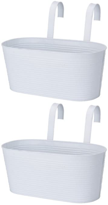 Pack of 2 - Large Metal Hanging Planter Vintage Balcony Fence Railing Herb Flower Plant Pot Holder (White)