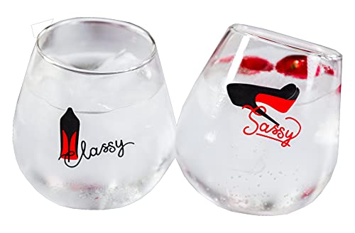 Drinking Divas 'Classy' And 'Sassy' Wine Glasses - Set Of Two 12Oz Stemless Rolling Tumblers - Cute & Fun Birthday Gifts For Mom Girlfriend, Wife Best Friend Sister Wedding Mother's Day Bachelorette #TOP1