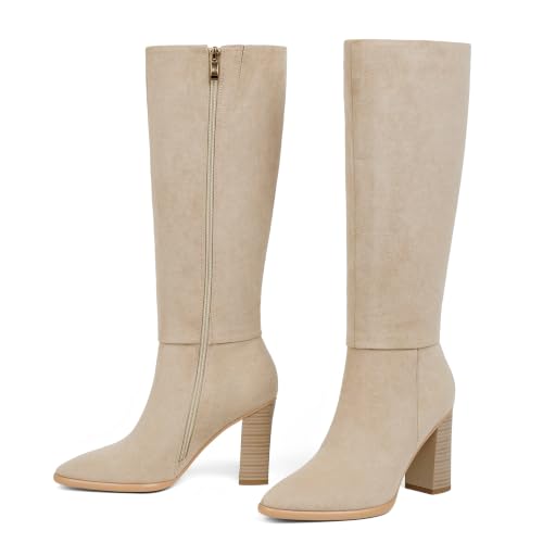 Image of Easyfox Knee High Boots for Women Pointed Toe Chunky Heel Tall Boots | Side Zipper,Insole Cushioning Foam Tall boots,Fall Spring Winter Fashion Dress Boots,Evening Bridal office Long Boots