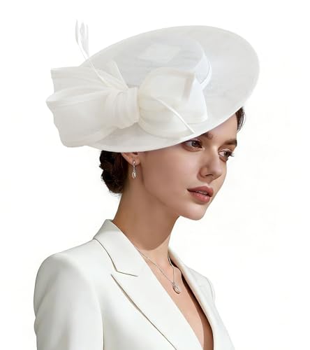 Kgromfy Fascinator Hat for Women Tea Party Hat Flat Top Church Hat Vintage Wedding Headband Elegant Luxury hat Fancy Hat Lady Headwear for Derby Cocktail Dress Up Party M18-White