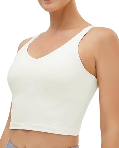 Image of Oalka Sports Bra Womens Longline Padded Crop Yoga Tank Tops | Built in Bras, Workout, Athletic, Fitness, Super Soft, Comfort, Cropped Top, Removable Pads, Heart Neckline For Women